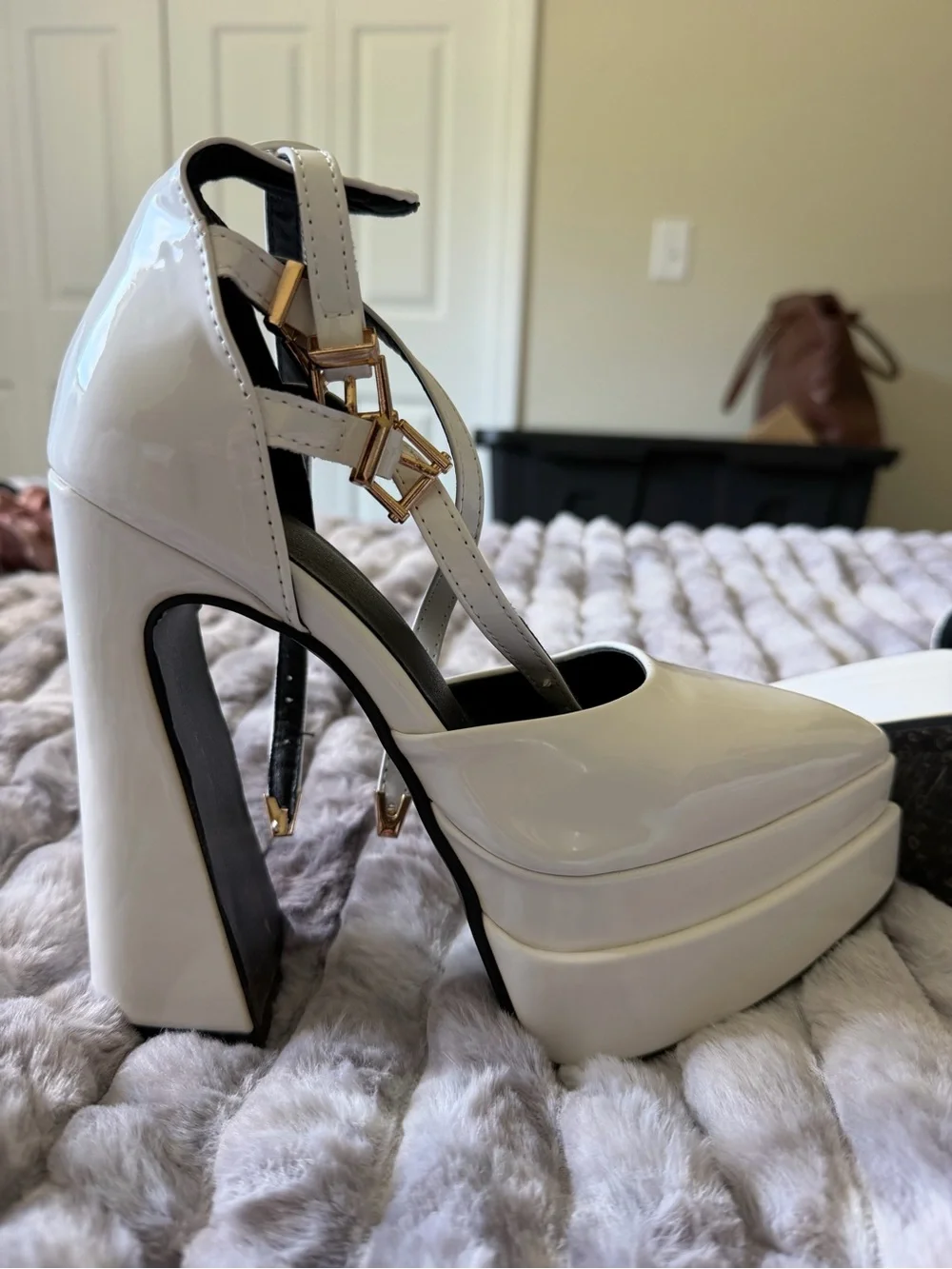 White Patent Platform Mary Jane Heels with Gold Buckles